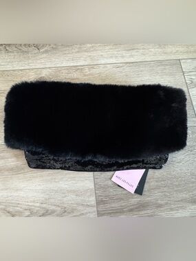 Avec Les Filles Black Faux Fur and Sequin Wristlet Clutch